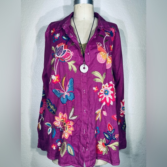 Johnny Was Tops - Johnny Was Gracie Butterfly European Linen Button Up Violet NWT